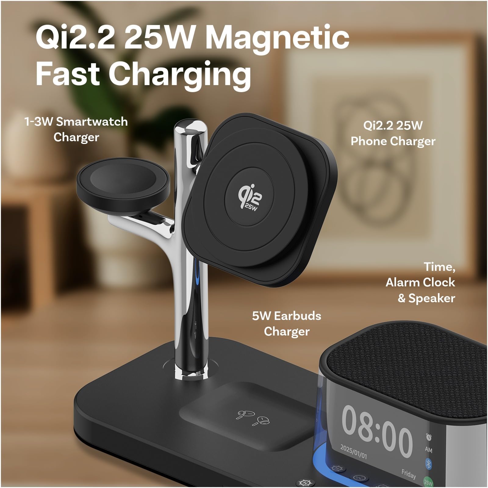 Ładowarka Bezprzewodowa 5 w 1 z Budzikiem, Głośnikiem Bluetooth i Lampką Nocną LED do MagSafe by MMOBIEL – Magnetyczna Stacja Ładująca Qi2.2 25W do iPhone, Apple Watch i AirPods – Czarny