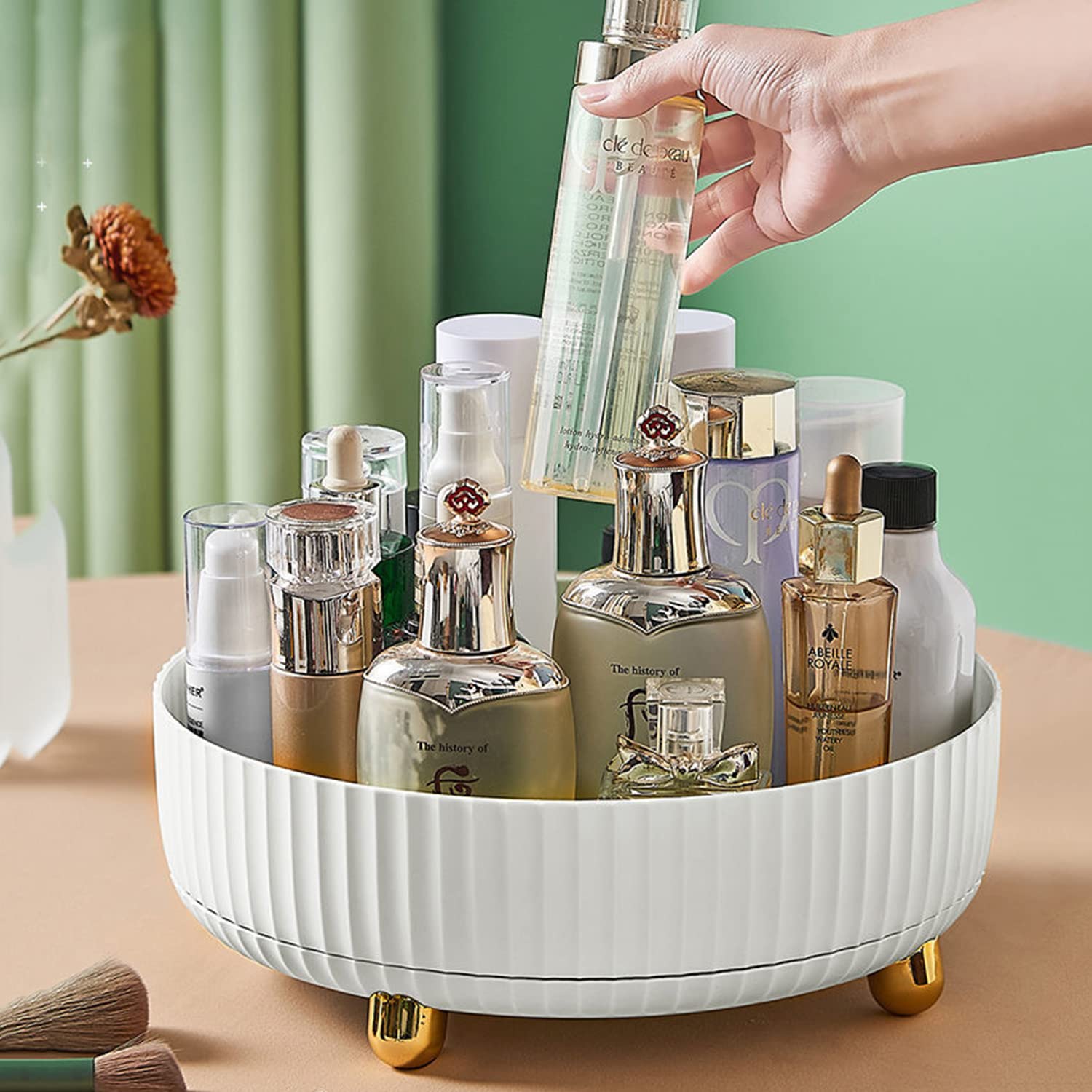 Organizadores de cosméticos giratorios, rotación de 360° de maquillaje para escritorio, lociones de almacenamiento, bandeja de perfume redonda con gran capacidad para joyas, frutas,