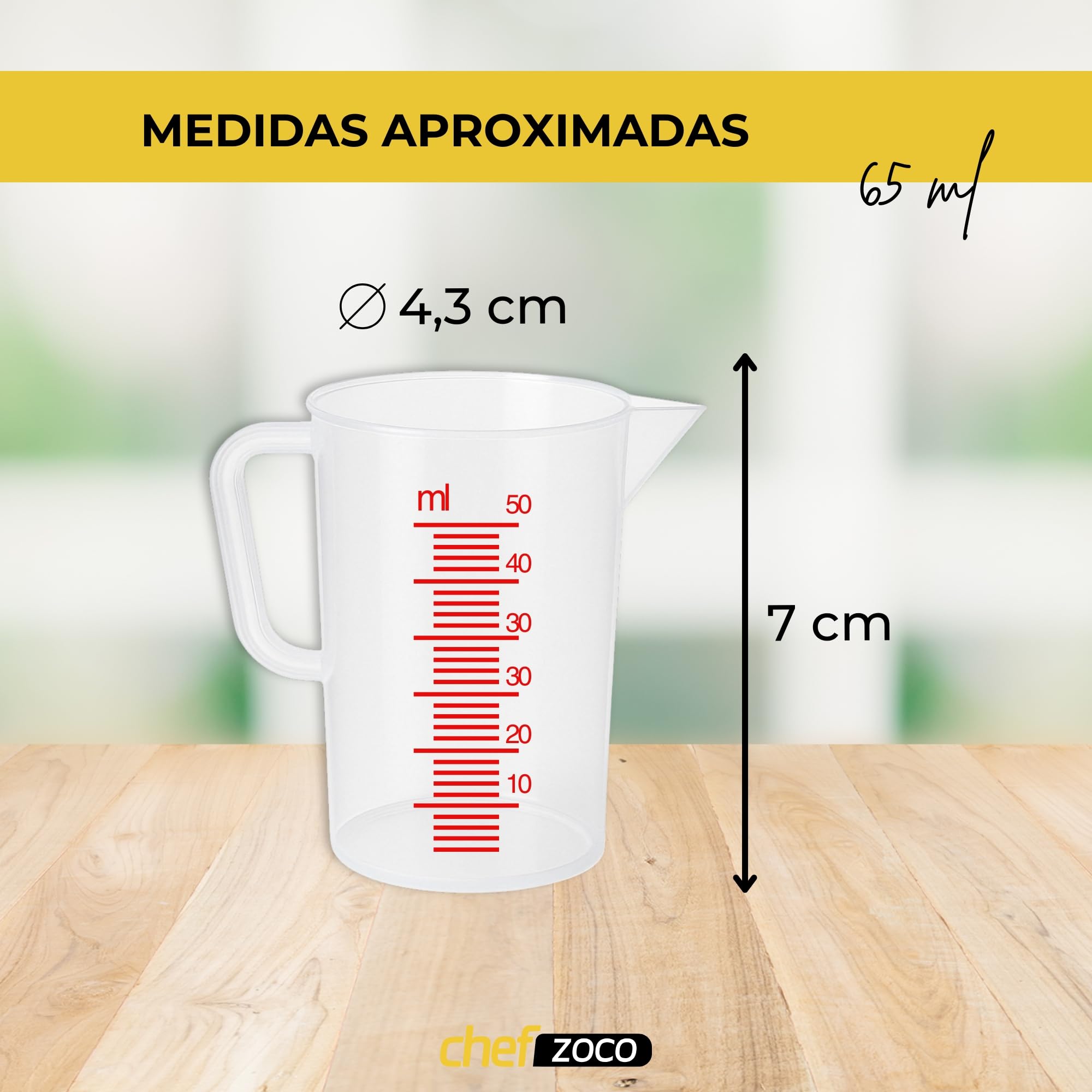 CHEFZOCO Jarra Medidora, Vaso medidor, Recipiente medidor para la cocina, Apto para calentar en microondas, Asa Ergonómica, Capacidad de 65 ml, Plástico, Transparente