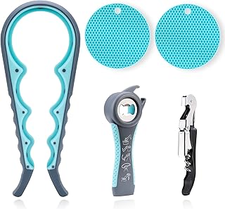 5 Pack Bottle Opener Jar Opener For Weak Hands, Arthritic Hands, Seniors With 2 Pcs Silicone Rubber Jar Opener Gripper Pad, Easy Twist Jar Opener Tool Beer Bottle Cap Opener And Wine Key Set