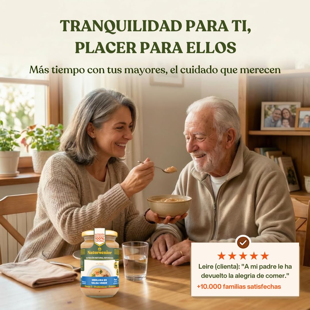 Natursenior - Comida Triturada para Personas Mayores - Pack Puré Merluza en Salsa Verde - 100% Natural, Omega 3, Fibra, Proteína - 6 uds x 340g