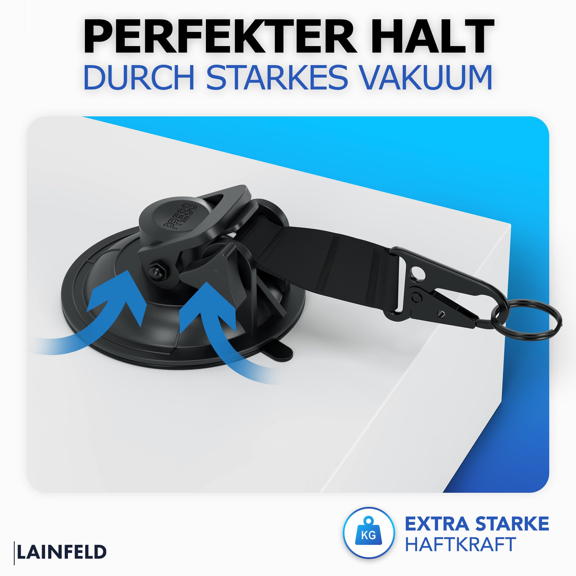 LAINFELD Saugnapf Haken | 4er Set mit Karabinerverschluss und großen Haken | Extra stark | Große Saugnäpfe für Camping, Auto, Balkon | Saughaken