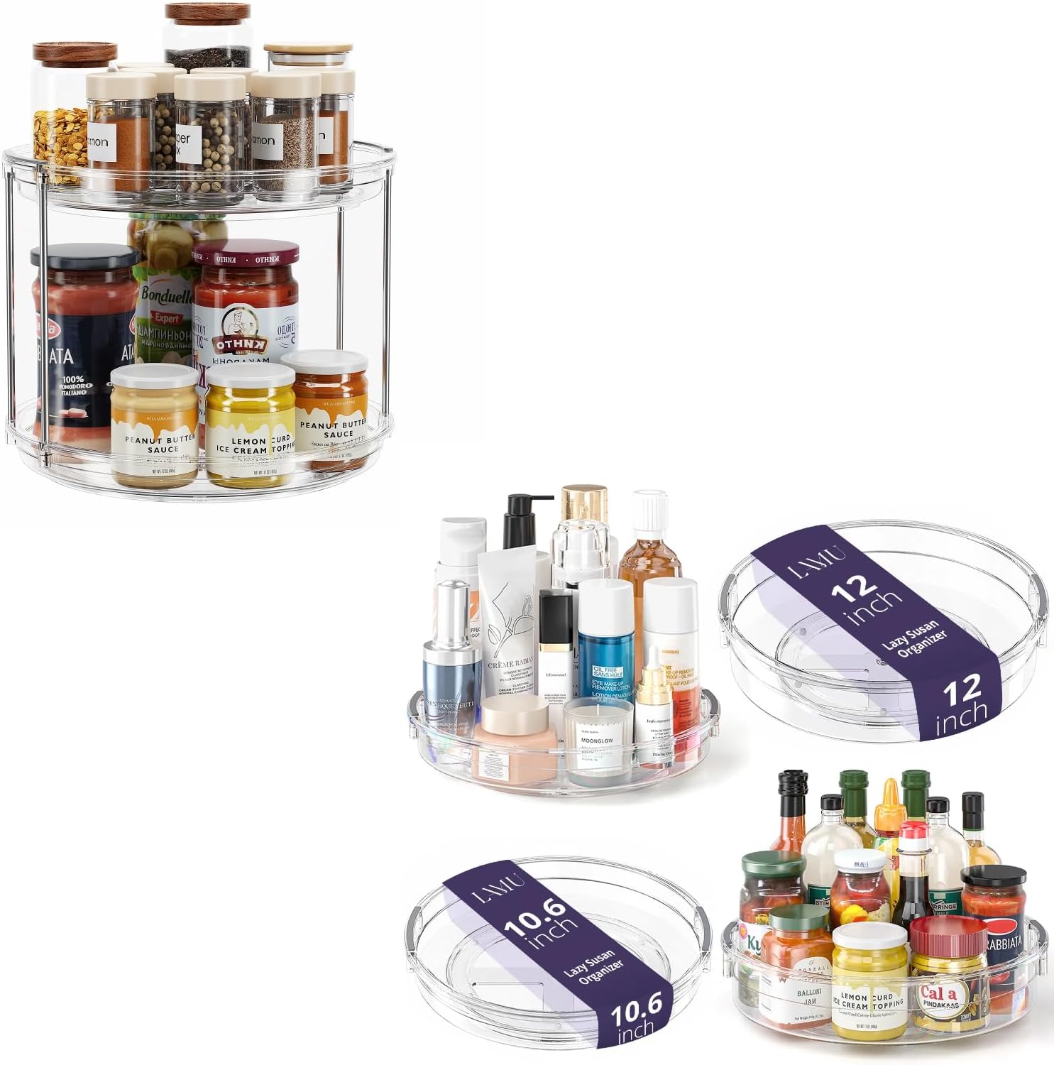 LAMU 4 Pack Lazy Susan and 2 Tier Lazy Susan Organizer Turntable for Cabinet, Kitchen, Refrigerator, Pantry, Countertop, Table Top, Bathroom, Spice Organization, Clear