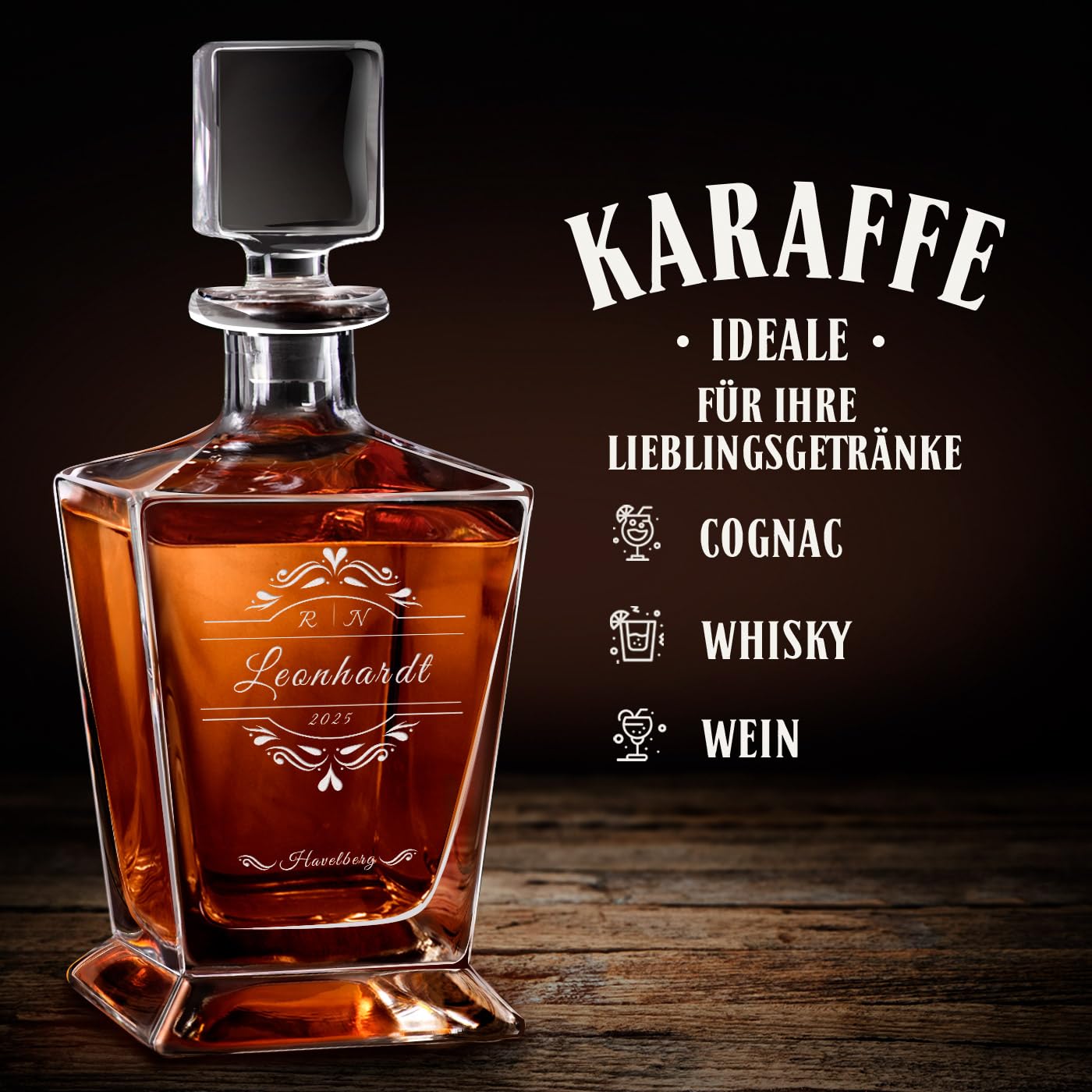 Maverton Pyramid Whiskey Karaffe 800ml + 6er Whiskygläser Set mit Gravur