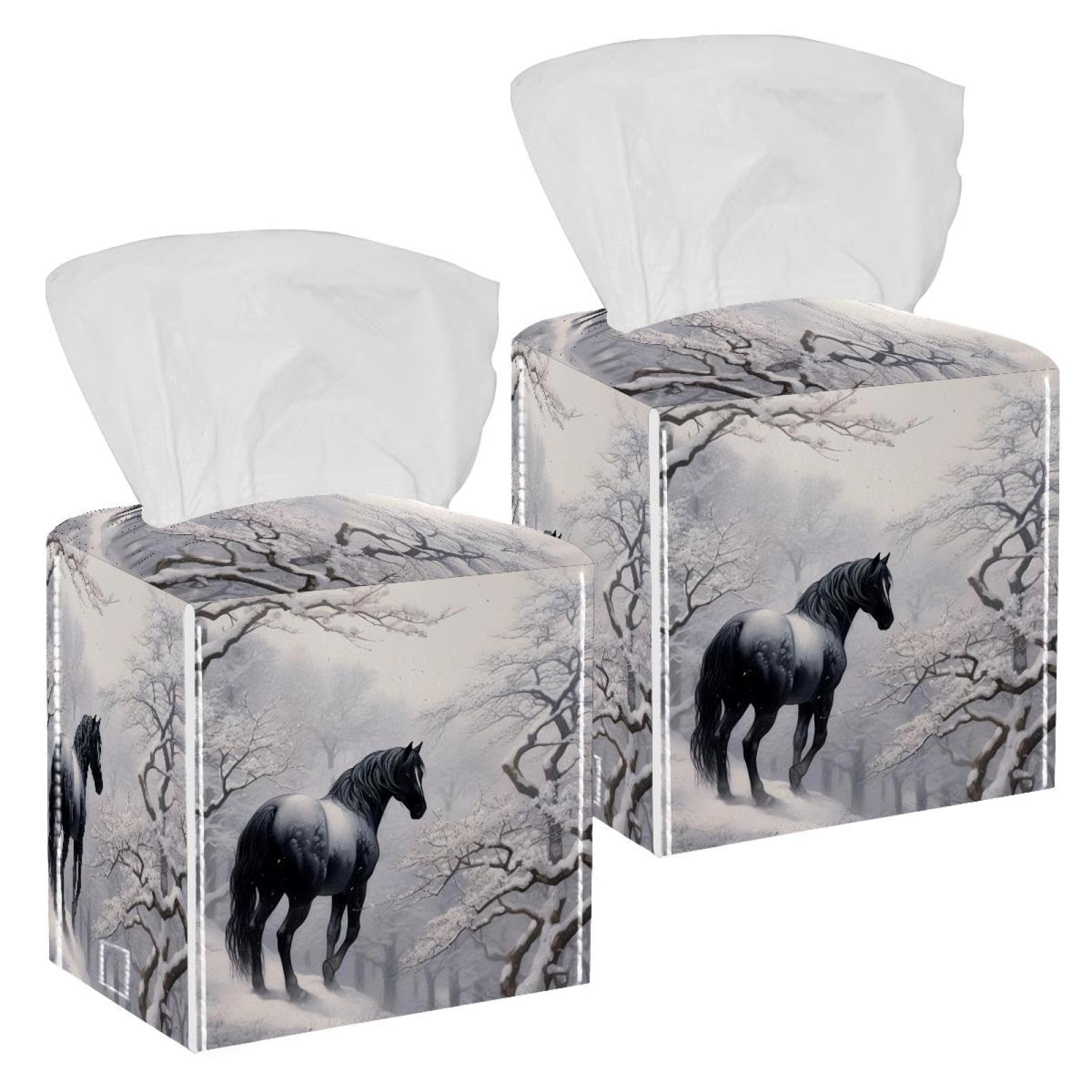 Horse in Snow Tissue Box Cover, 2 Pack PU Leather Square Facial Tissue Dispenser Box holder for Home Office Car