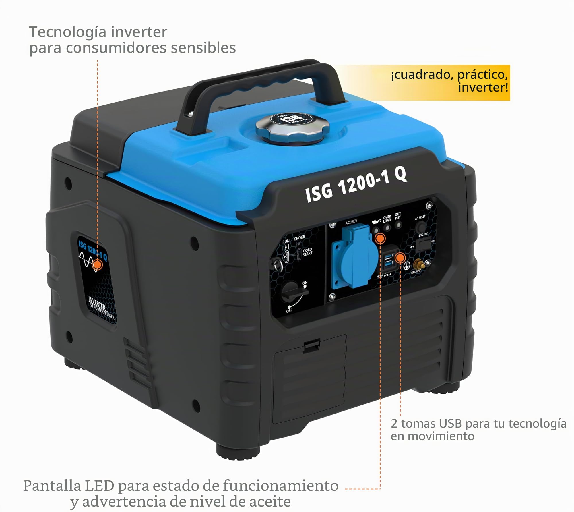 Güde Generador de corriente inverter ISG 1200-1 Q (motor de 4 tiempos, gasolina, 1,3/1,76 kW/CV, 1 x 230 V, 2 x USB, máx. 1200 W, autonomía hasta 6 h, depósito de 3 L, protección contra sobrecargas,