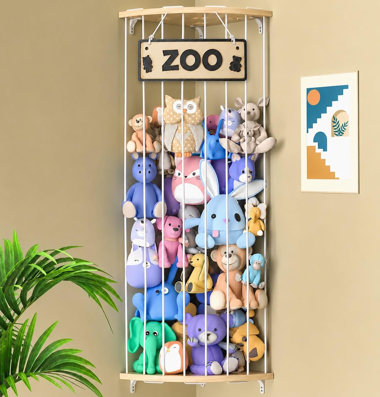 Stuffed Animal Storage Wood Soft Toy Shelf Organiser with Adjustable Length Large Corner Plush Toys Holder for Nursery Play Room Bedroom Kid Room (White)-image-14