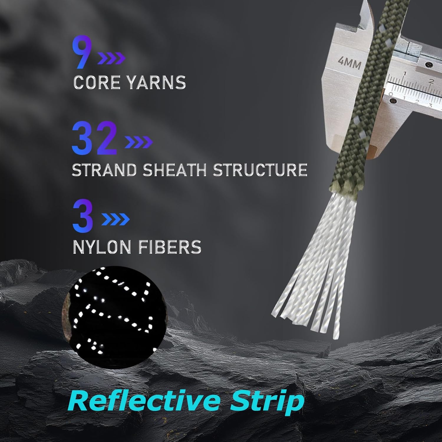 Paracordland-750LB Reflective Rope-100ft/500ft/1000ft- 9 Strand Parachute Spool Cord Heavy Duty String Ideal for Survival Gear Bracelet Camping Hikig Fishing-Reflective Green