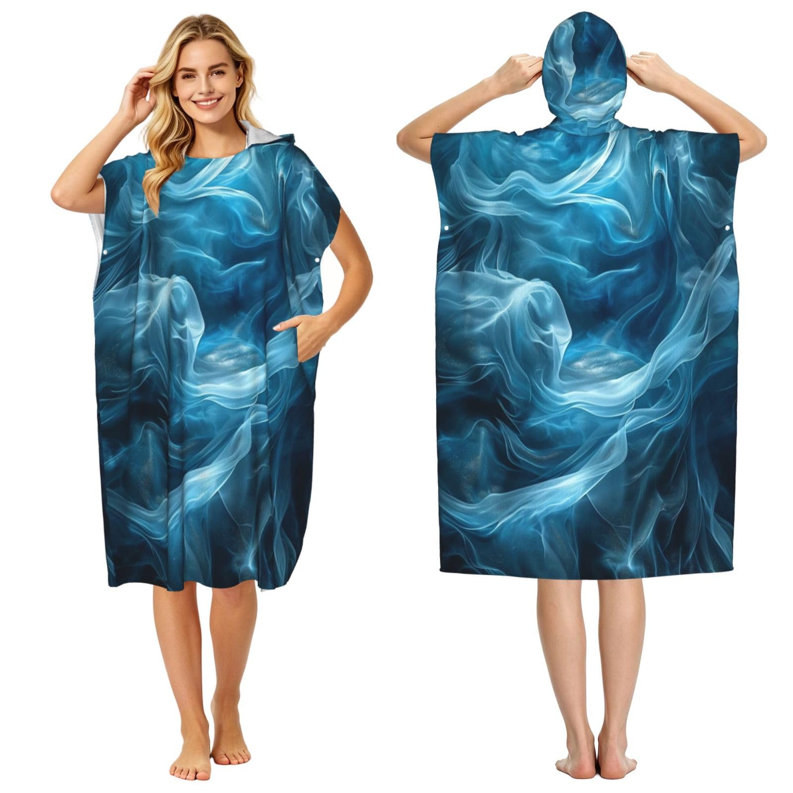 KLGRTJHK Sea Blue Adult Hooded Beach Poncho Towel 43"X35"