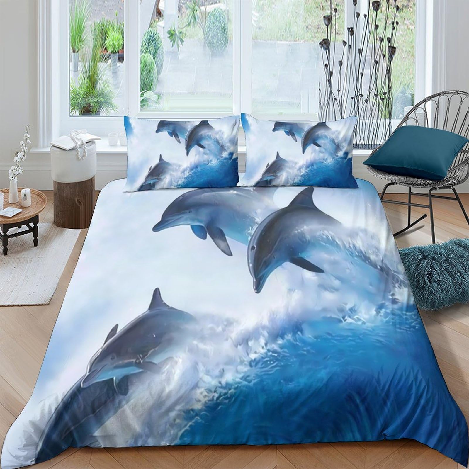 GPLZQXKJNH 3D Printed Dolphin Ocean Duvet Cover Set Microfiber Soft Breathable Sea Wave Bedding Set with 2 Pillowcases for Bedroom Single（135x200cm）