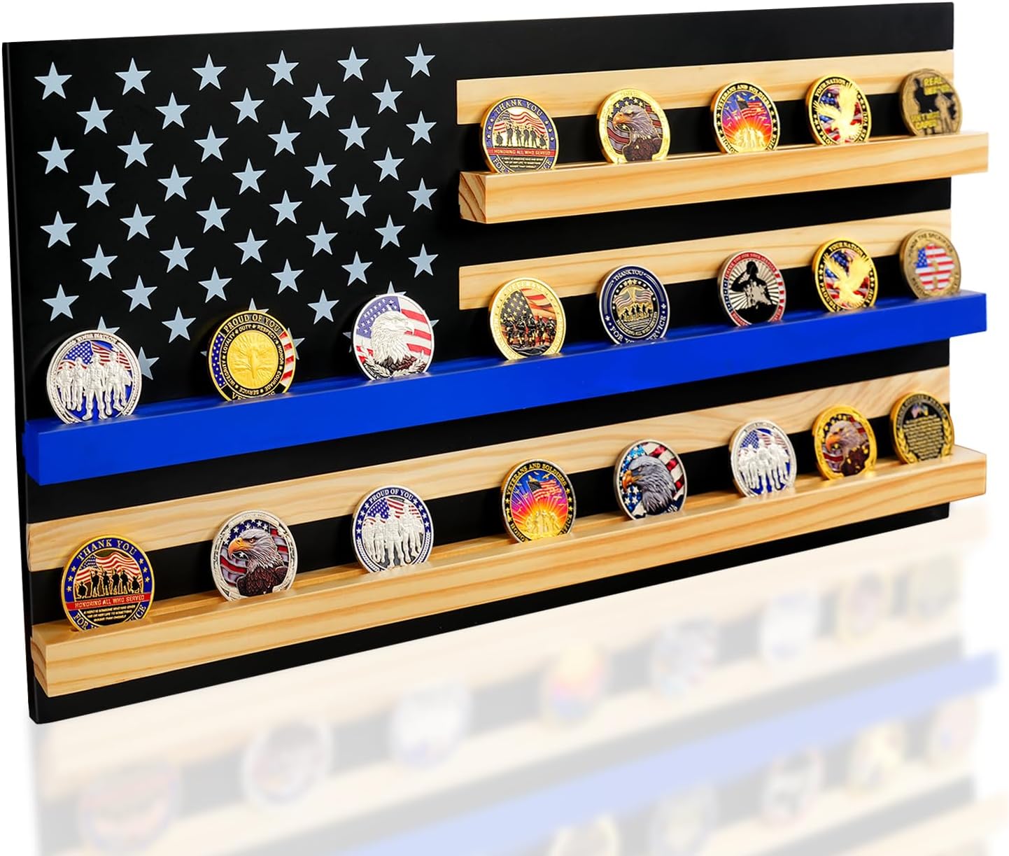 Solid Wood American Flag Challenge Coin Holder Wall Display Case, 3-Row Thin Blue Line Rack for 30 Military Coins, Ideal Shelf for Collectible Coins