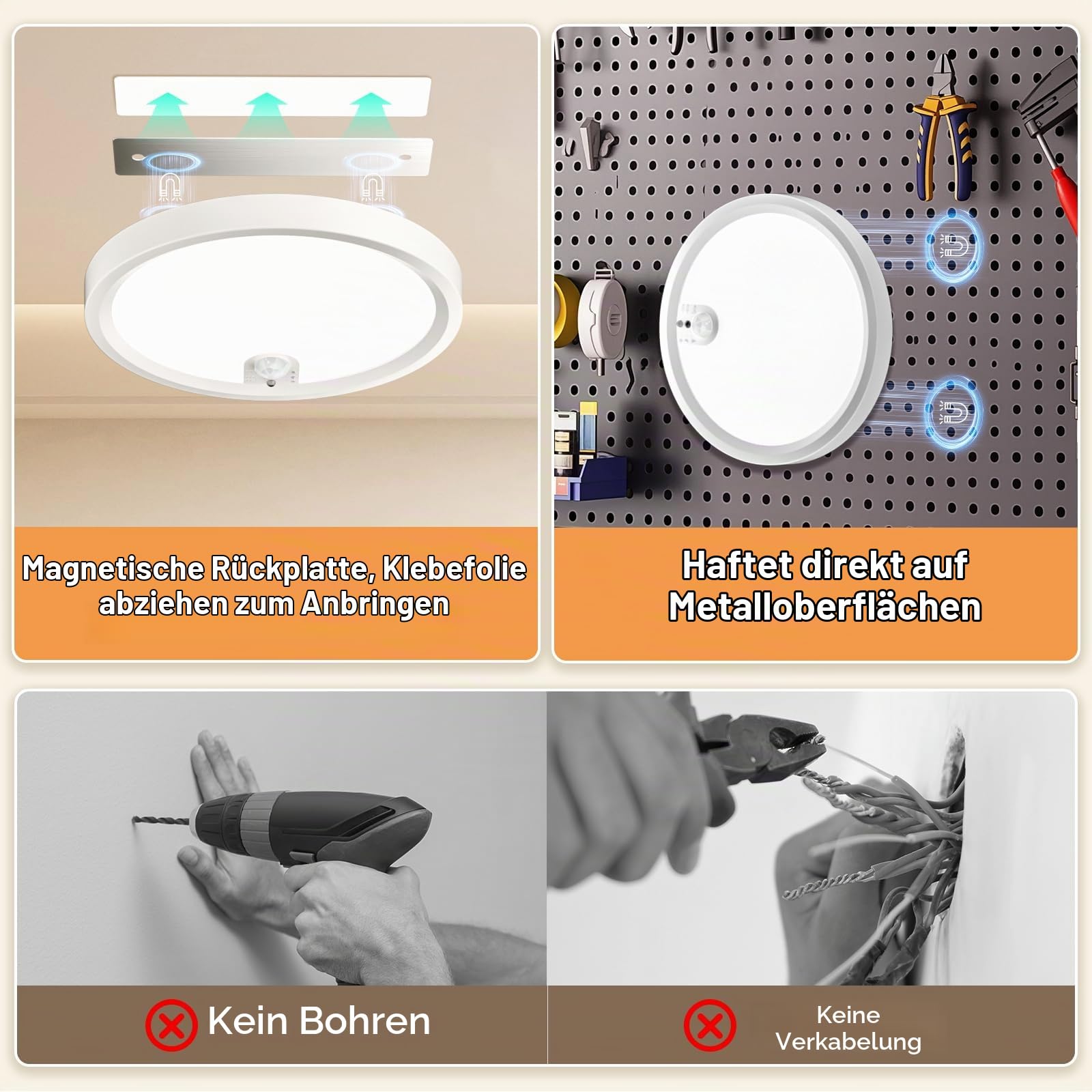Akku Deckenlampe mit Bewegungsmelder und Magnet,Kabellos LED Deckenleuchte