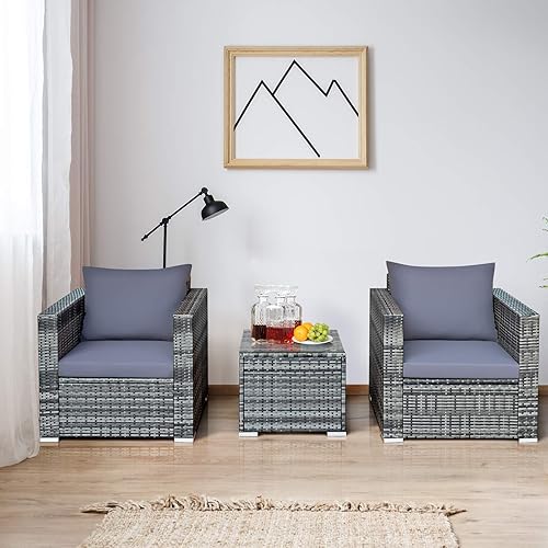 Miniatura 5 de COSTWAY Juego de 3 muebles de ratán para patio, sofá y silla, mesa de cristal para jardín