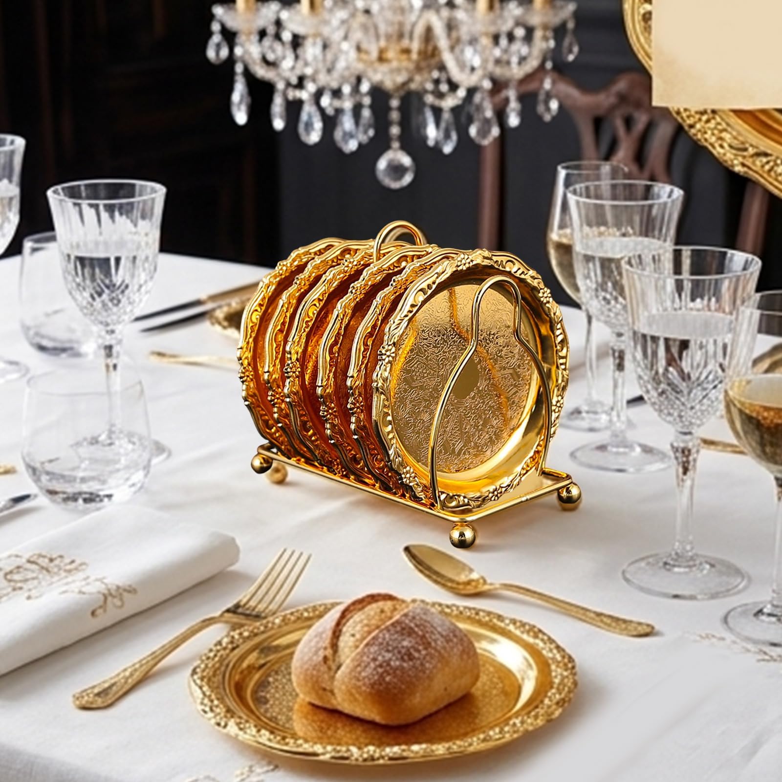 Juego de 6 elegantes platos de postre de aleación con soporte para frutas, aperitivos y bebidas de café, juego de platos de té de la tarde con bandeja para servir
