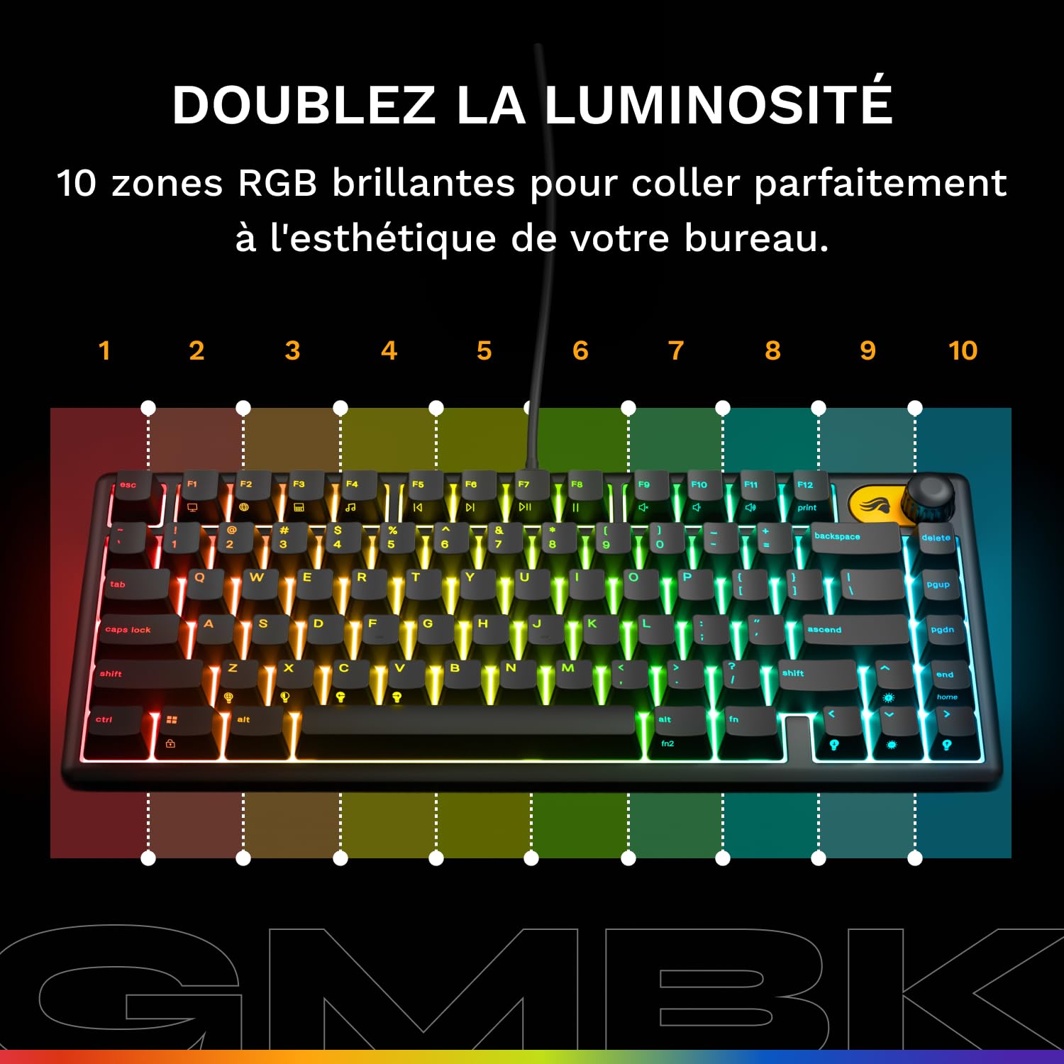 Clavier GLORIOUS Gaming GMBK 75% - Capuchons MX remplaçables, USB détachable, IP57 résistant Eau/poussière, RGB 10 Zones, Switchs Silencieux - Disposition française AZERTY