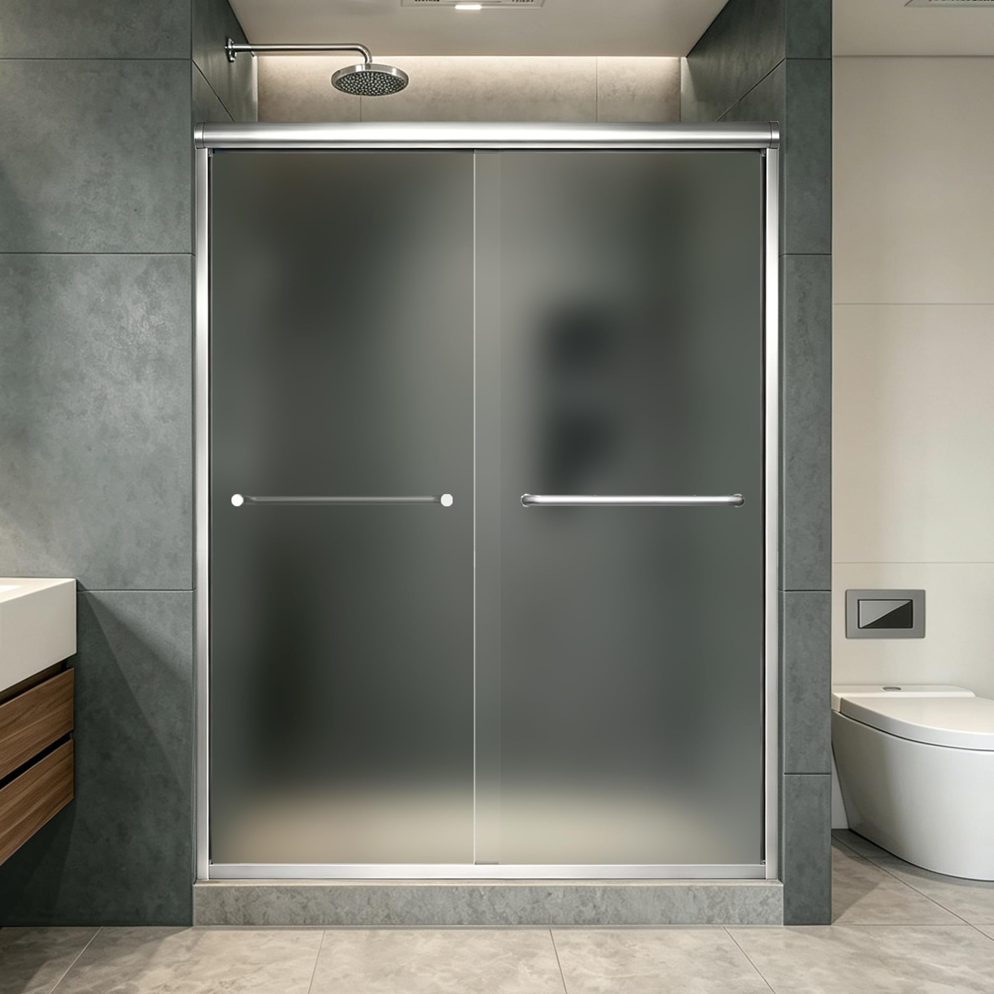 Frosted Double Sliding Shower Door 49-49-54" W x 70" H, Chrome Finish, Bypass Shower Door, Framed, 1/4" (6mm) Tempered Glass
