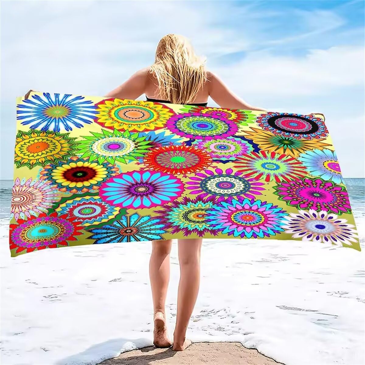 Microfiber Beach Towel Oversized Colorful Mandela 27.55x55.11 inch Soft Lightweight Quick Dry Bath Towels, Extra Large Sand Free Blanket for Kid Adult, Pool Swim Essential Accessories Hu04903