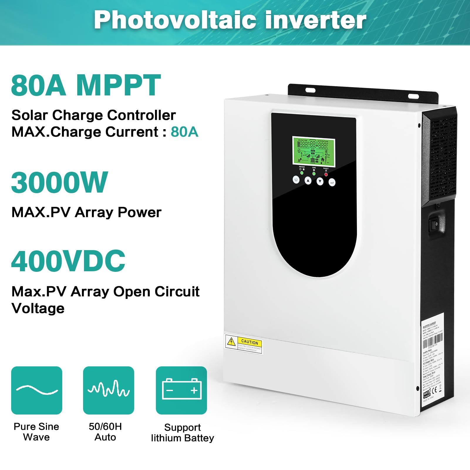 Jadeshay Inversor híbrido, inversor Solar de 3000W, inversor de Onda sinusoidal Pura AC 230V con batería de 24V, Controlador Solar MPPT de 80 A para Sistema Fuera de la Red de Almacenamiento de energ
