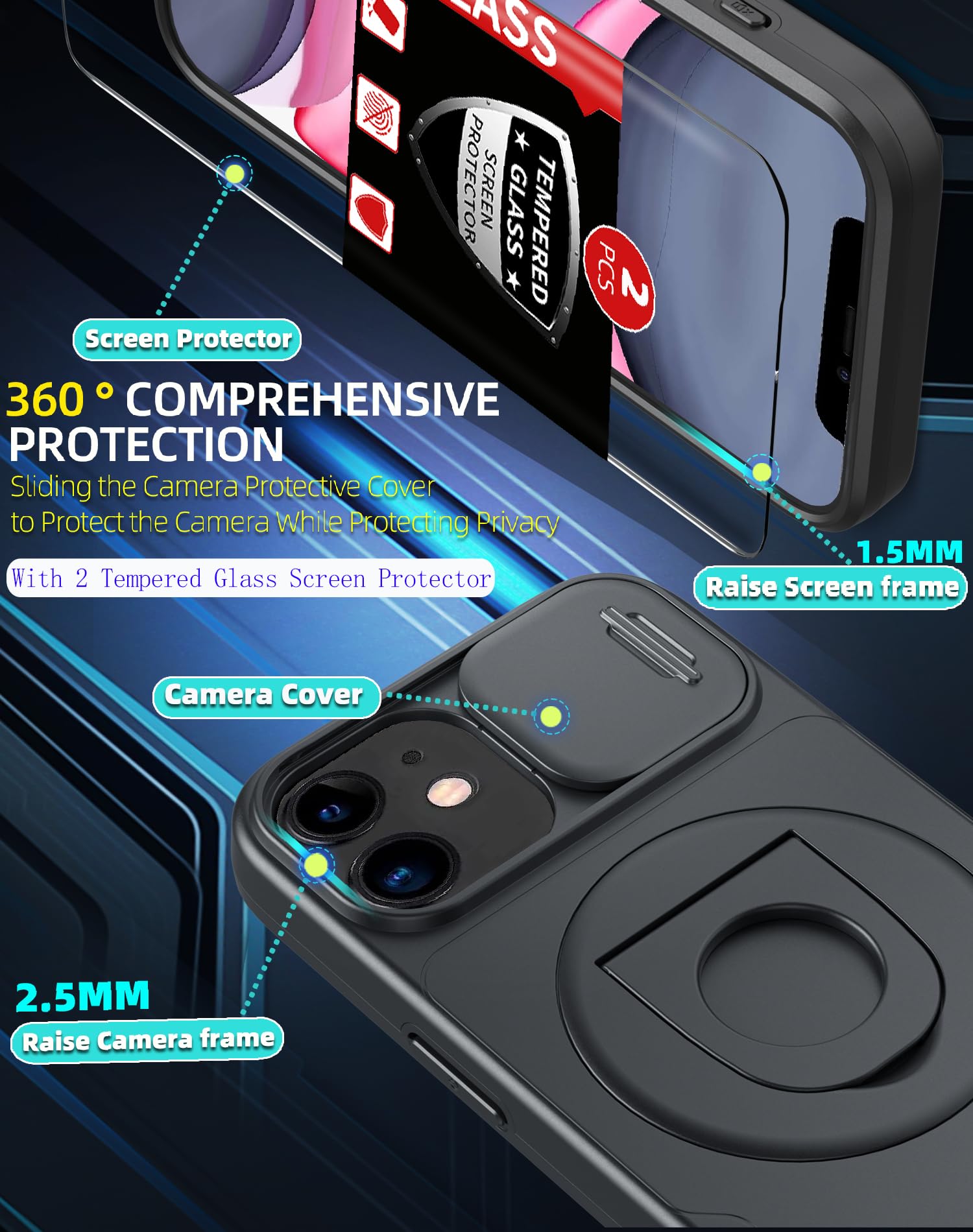 FRLMOOES for iPhone 14 Plus Case/for iPhone 15 Plus Case Magnetic Compatible with MagSafe Wireless Charging,with 2 Screen Protectors,with Kickstand+Camera Cover Shockproof Heavy Duty Protection Black - Image 3