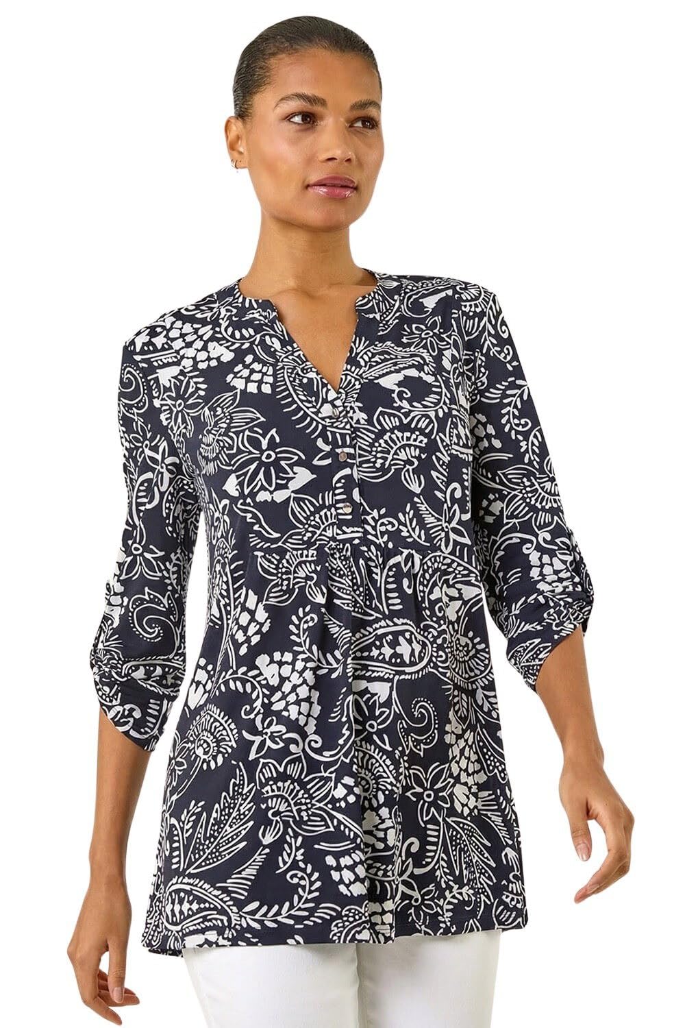 Roman Shirt for Women UK Ladies Top Collarless Blouse Stretchy Tunic Smart Casual Autumn Winter Jersey 3/4 Length Sleeve Notch V Neck Flattering Office Work