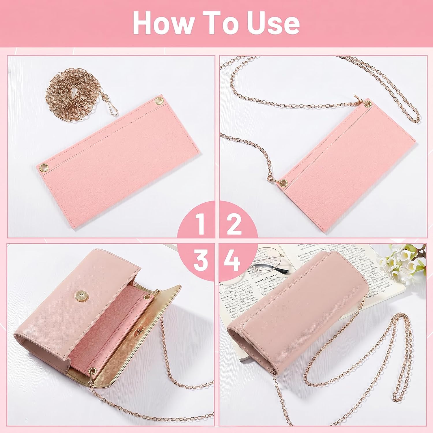 3 Pcs Wallet Insert for Chain Strap with Eyelets,9.84 × 4.92 In | Felt Wallet Chain Insert,Pink Wallet Conversion Kit for Handbags,Purses,Wallet,Envelope Bag Inside(No Chain)