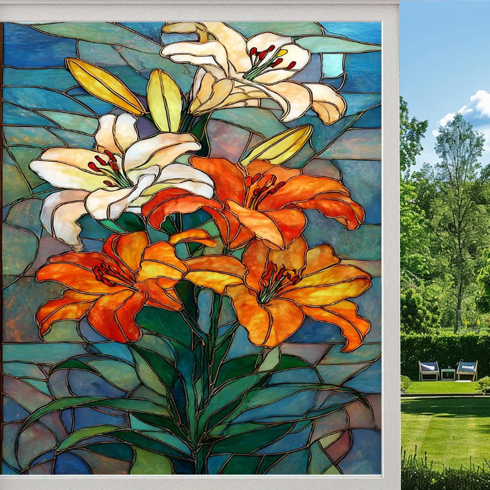Pmlbaous Natural Garden Privacy Window Film, Colorful Lily Flower Plants Frosted Self-Adhesive Vinyl Cling For Glass Doors Bathroom Windows Sun Blocking Heat Control, （80X140cm）