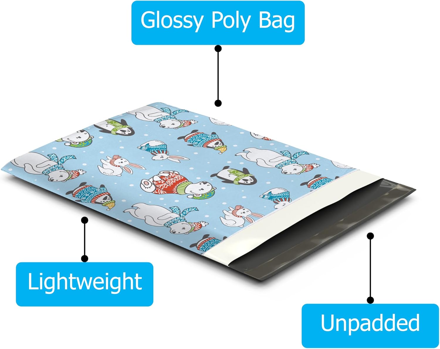 10x13 (100) Winter Animals Poly Mailers Christmas Designer Self Sealing Waterproof Tamperproof Shipping Envelopes Premium Printed Bags For Small Businesses