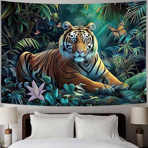 Miniatura 5 de MERCHR Tapiz de bosque natural, tapiz para colgar en la pared, diseño de animales de tigre, paisaje, paisaje, para dormitorio, sala de estar,