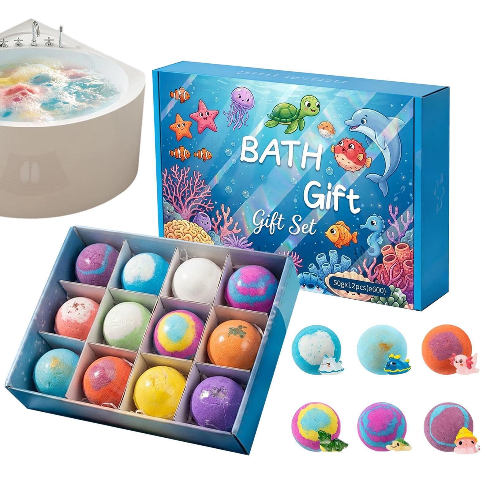 Badebomben Geschenkset im 12er Pack - Badebomben mit Kugelhülsen aus Badesalz mit Feder im Inneren | Hautberuhigendes Design, zartes Material
