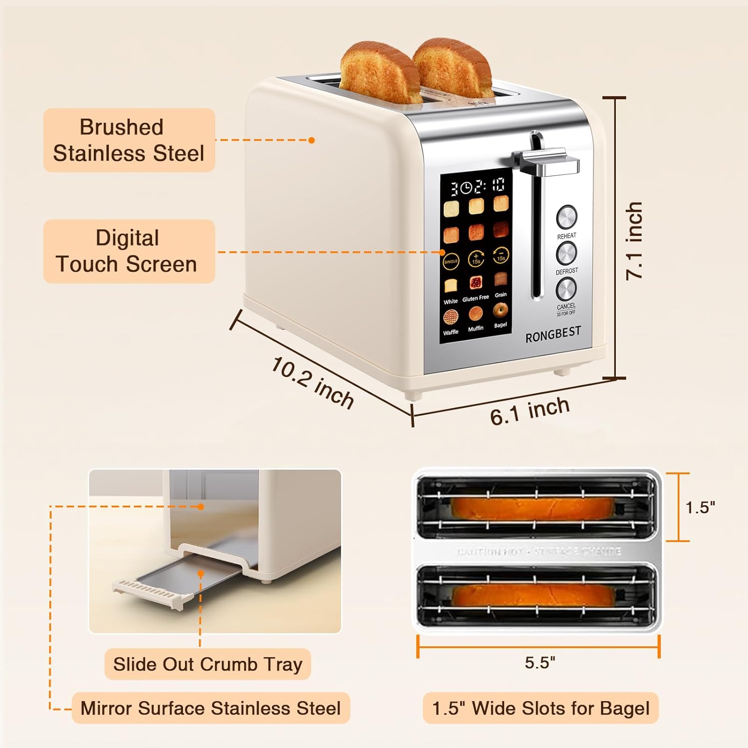 2 Slice Touch Screen Toaster Stainless Steel Digital Touchscreen with Wide Slots, Reheat & Defrost, Even Toasting for Bagel & Bread, Easy Removable Crumb Tray, Cream Color