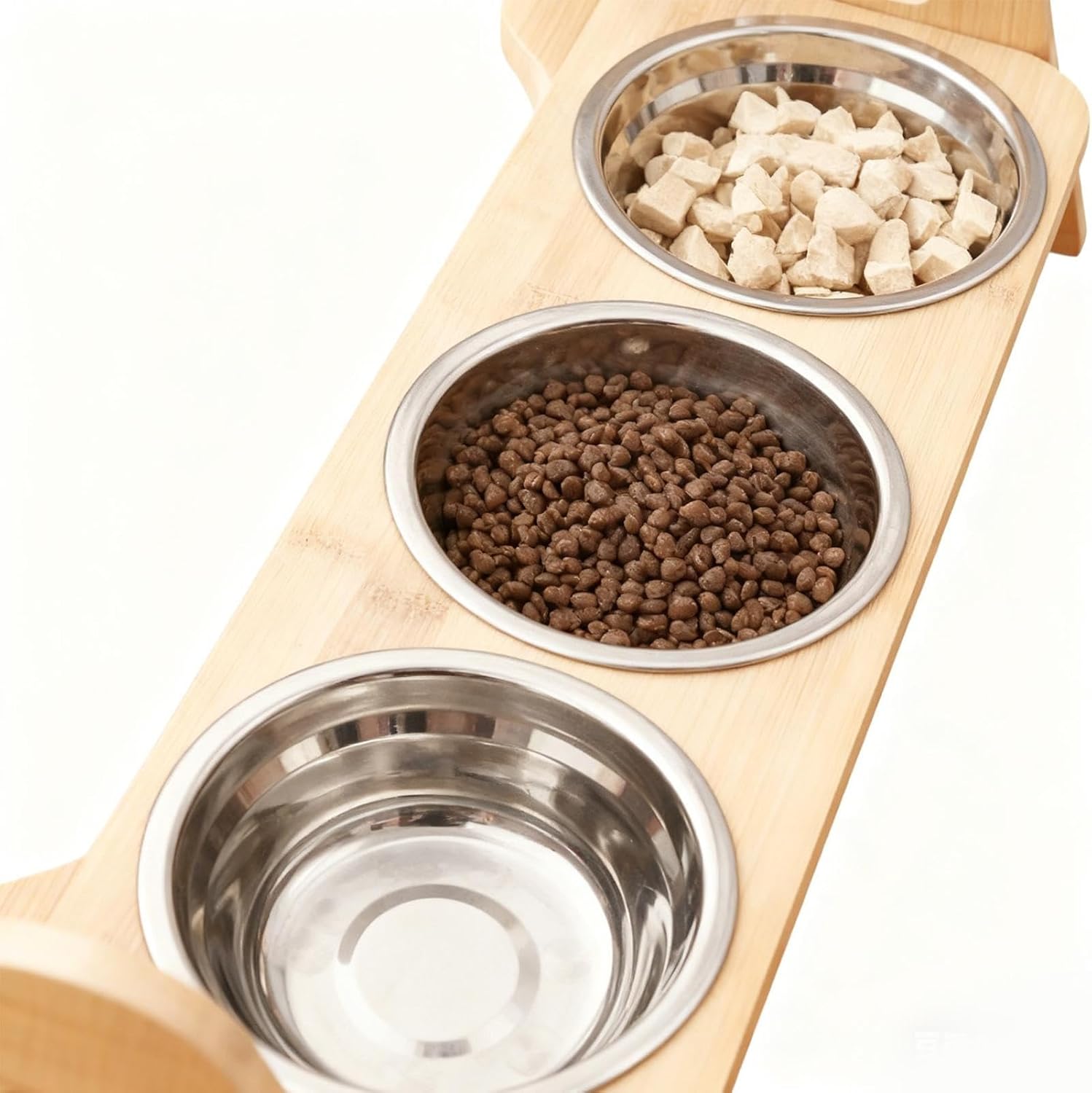 Elevated Cat Food Stand 52x18x18cm, Wooden Tilted Feeding Dish Holder with 3 Bowls for Home, Kitchen, Dining Area, Bedroom, Pet Feeding Setup