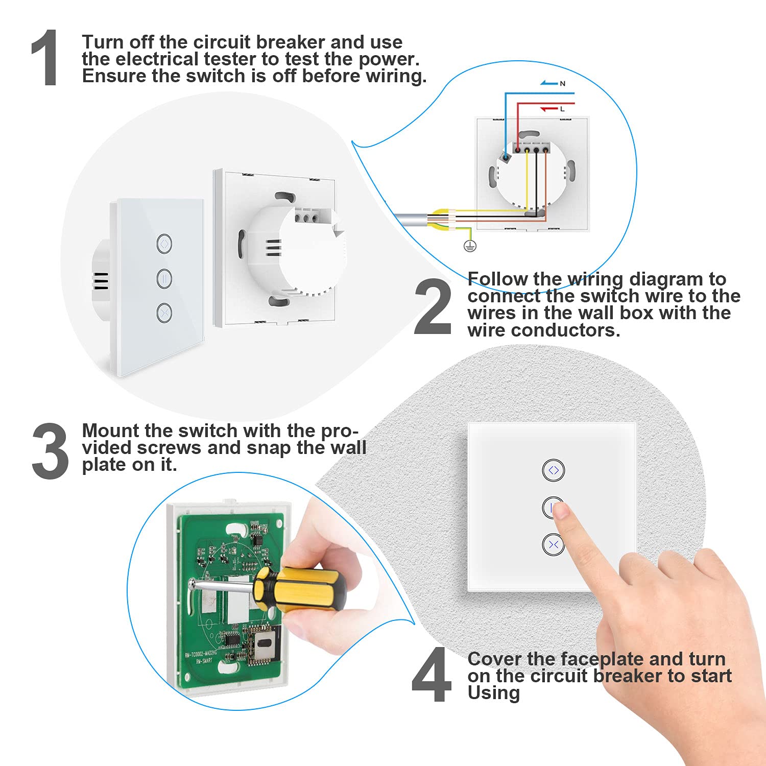 UseeLink Interruptor de persiana, interruptor de persiana, interruptor de persianas inteligente con panel táctil, control mediante aplicación y función de temporizador, 4 unidades