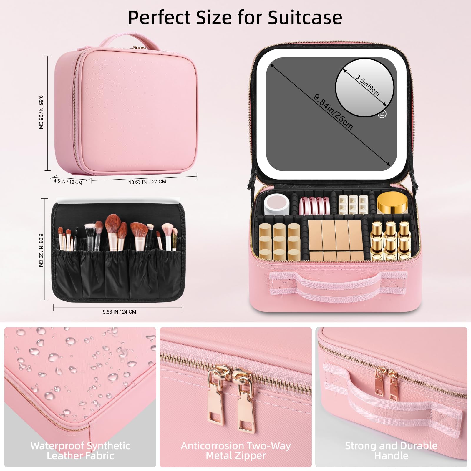 Travel Makeup Bag with LED Mirror,Travel Makeup Organizer,Makeup Case with Lighted 3 Color Setting,Waterproof Makeup Box with 10X Magnifying Mirror,Adjustable Dividers,Pink - Image 2