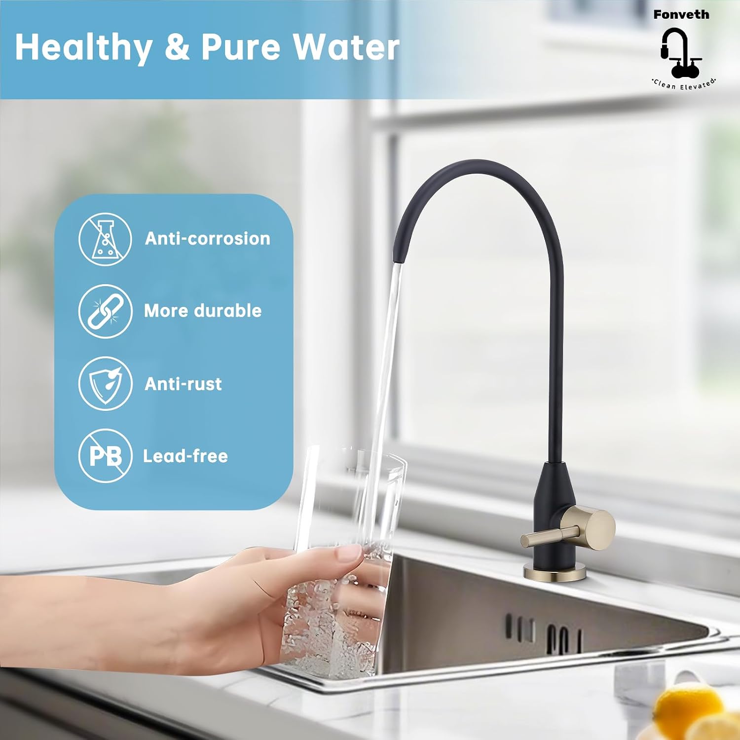Drinking Water Faucet, Black and Champagne Gold RO Faucet Kitchen Water Filter Faucet for Non-Air Gap Reverse Osmosis Water Filtration System