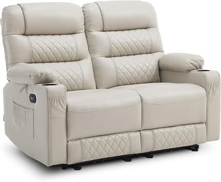 MCombo 56.3" Zero Gravity Power Loveseat Recliner with Heat and Vibration Massage, Reclining Loveseat Sofa with USB Ports, Cup Holders for Living Room, Faux Leather PR622Sets Light Grey