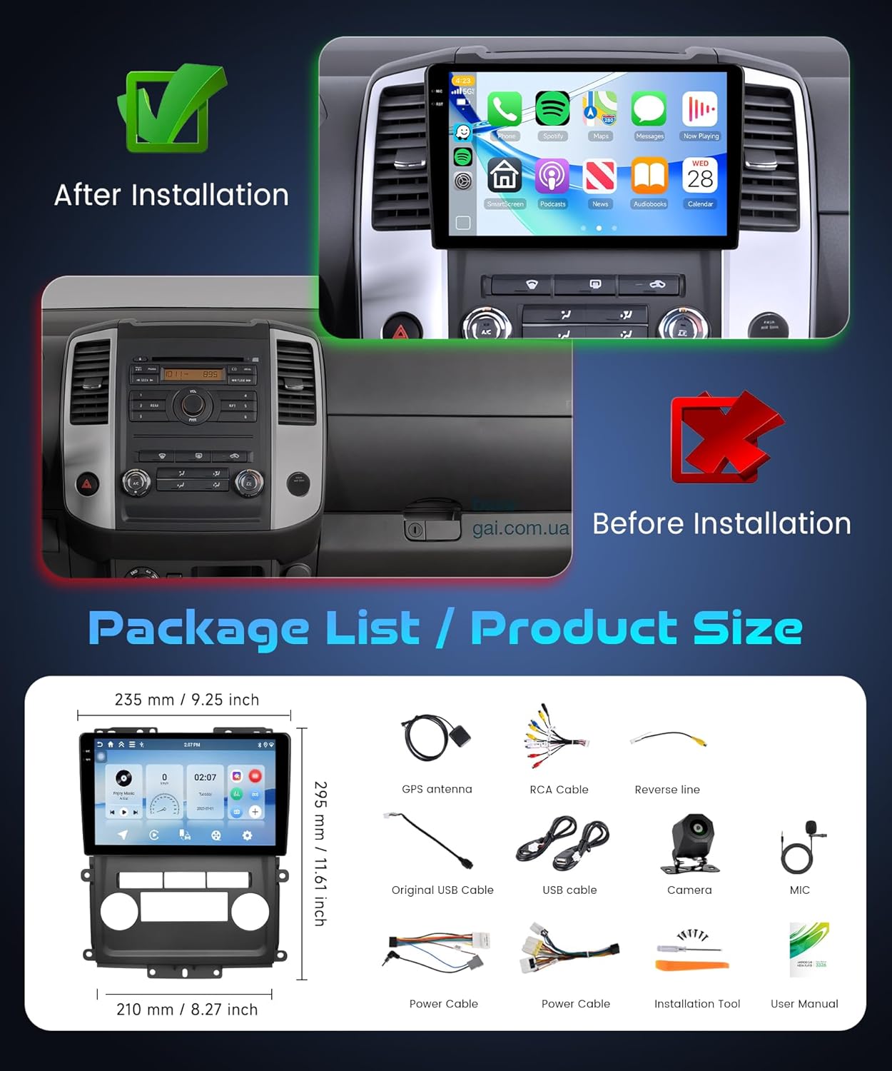 4+128G Android 15 Car Stereo for Nissan Frontier Xterra 2009-2012 with Wireless Carplay Android Auto, 9'' in-Cell Screen Head Unit with GPS/Bluetooth 5.0/FM RDS/EQ/Wi-Fi Mirror Link Backup Camera SWC