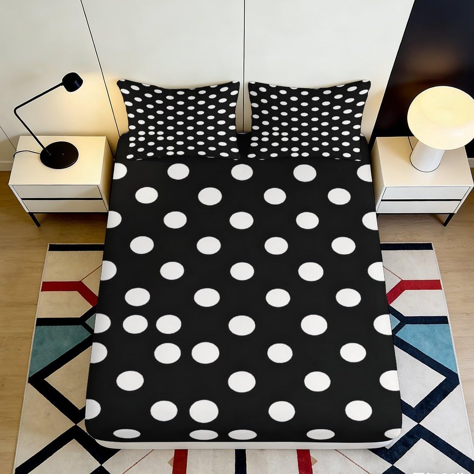 3D Printed Black Polka Dot Fitted Sheet Microfiber Soft Mattress Cover White Dots Bedroom Decor Machine Washable 90x200x25cm