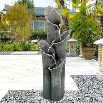 4-Tier Faux Stone LED Floor Fountain, 33.5 Inch Waterfall Outdoor Fountain LED Illuminated Water Feature for Patio Garden