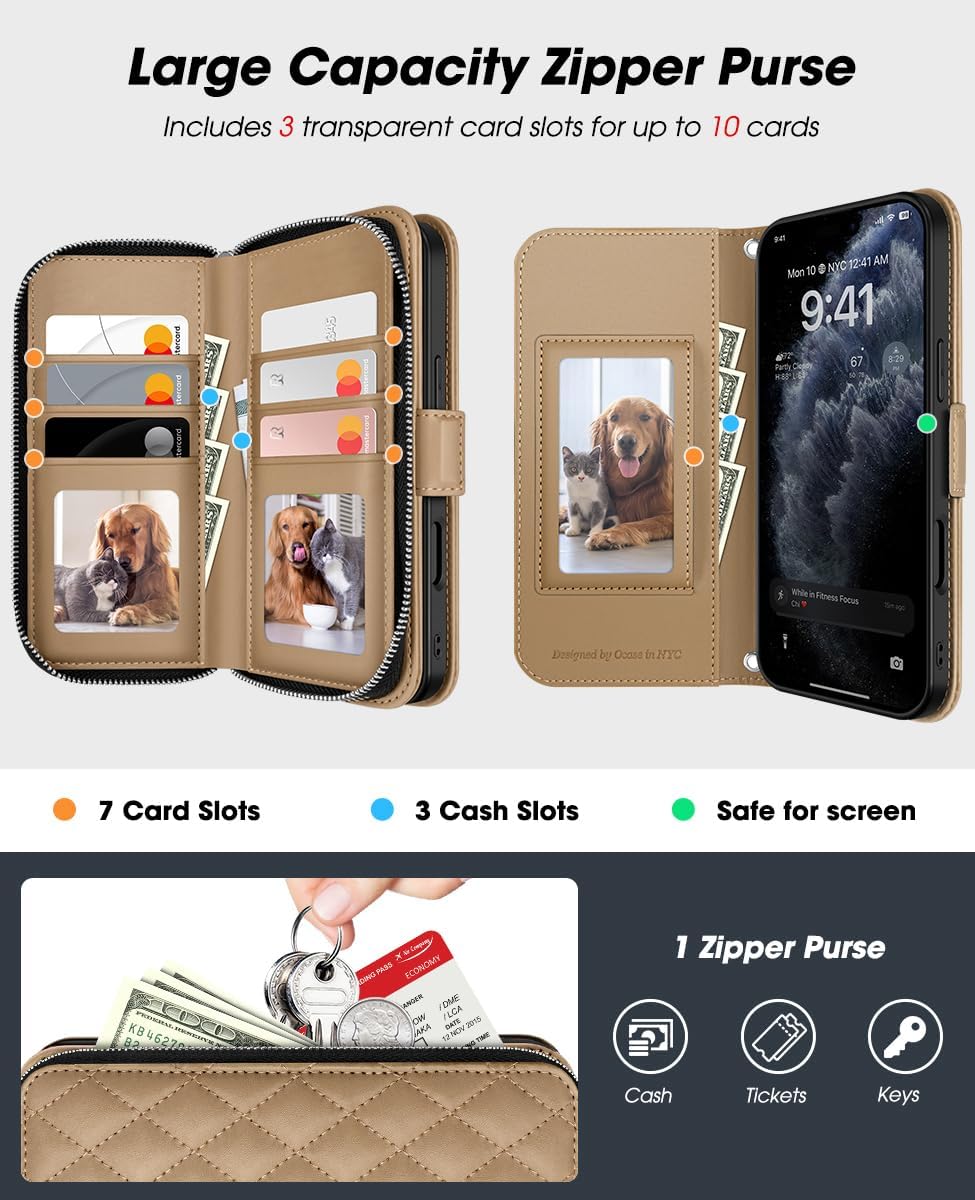 OCASE for iPhone 17 Pro Crossbody Wallet Case - Stylish PU Leather Handbag Phone Purse with Zipper Closure, Card Slots & RFID Blocking - Wrist Strap, Lanyard, Kickstand - Diamond Check Khaki