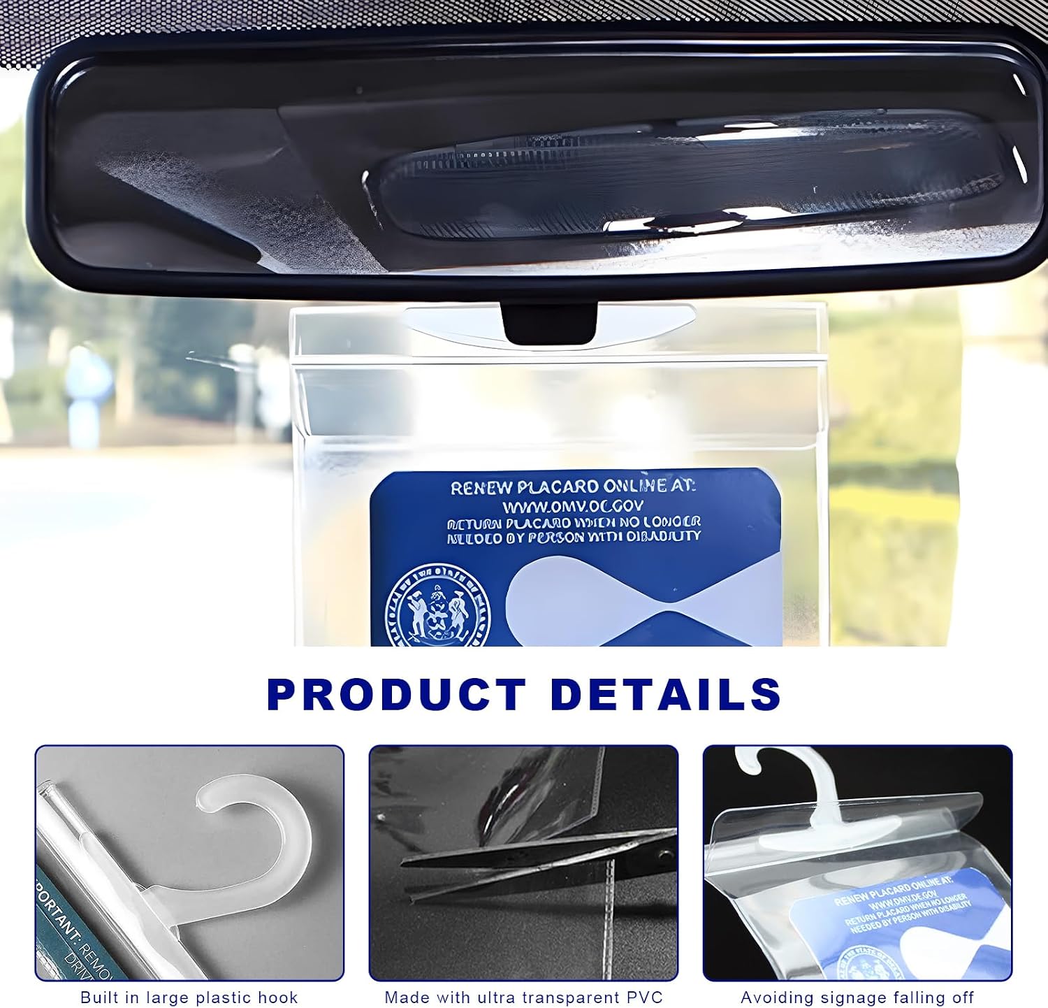 Handicap Placard Holder, 5"×11.6" Ultra Transparent Disabled Parking Permit Sign Protector, Car Mirror Tag Holder Handicapped Parking Placard Cover with Large Hanger