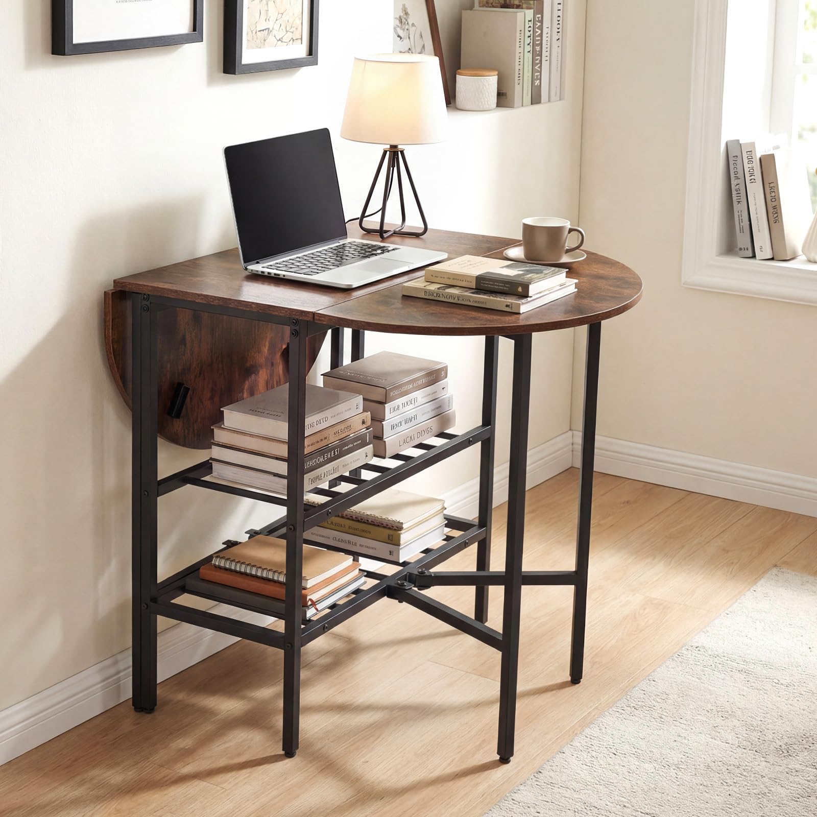 COSTWAY Mesa de Comedor Extensible, Mesa de Cocina Plegable con 2 Hojas Abatibles, 2 Estantes de Almacenamiento, Estructura de Metal, para Sala de Estar, Espacios Pequeños, 110 x 70 x 76 cm (Marrón)