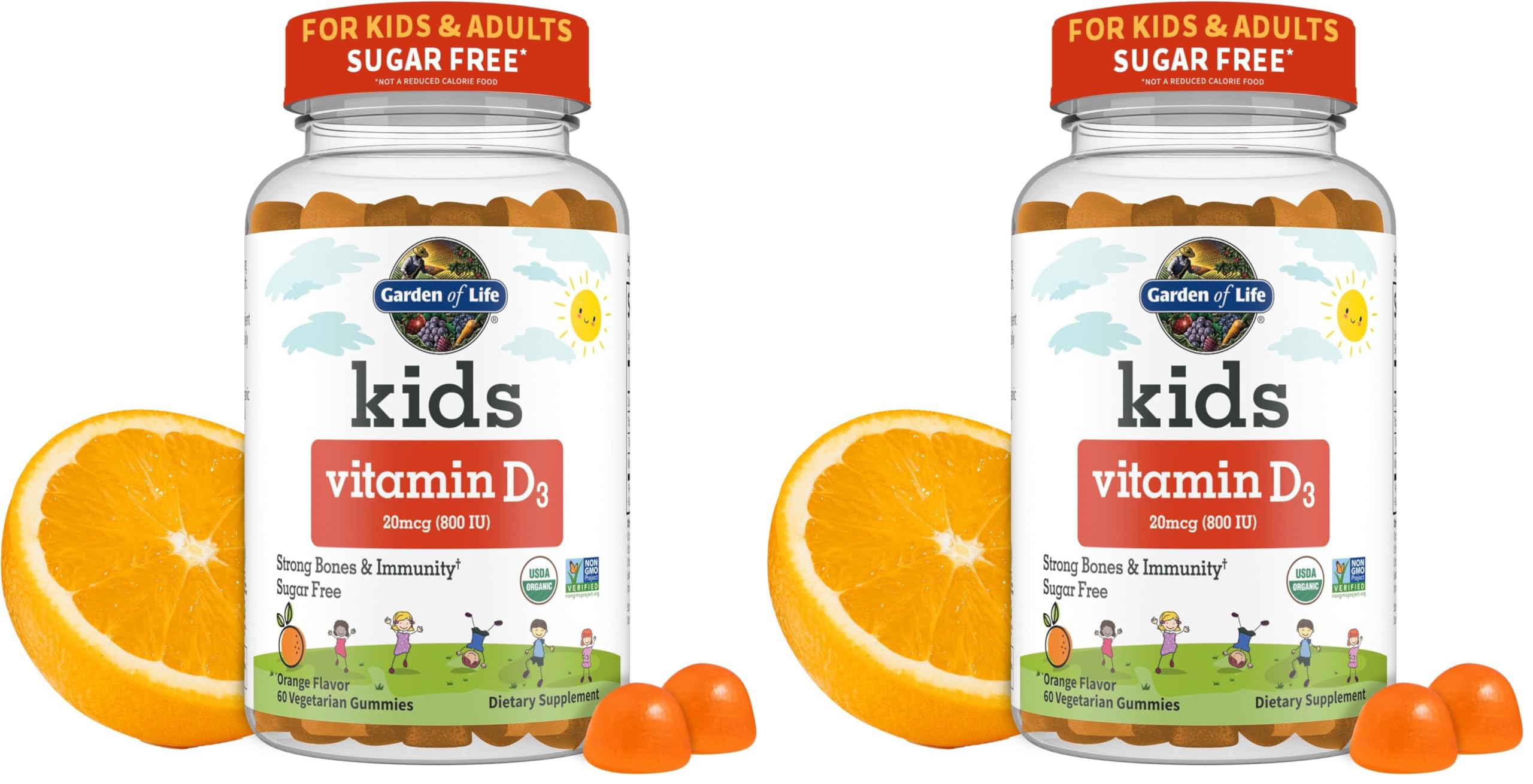 Garden of Life Kids Organic Vitamin D3 Gummies with 800 IU (100% Daily Value) for Strong Bones,Teeth,Brain & Immunity – Non-GMO,No Gluten,Vegetarian,Sugar Free,Orange Flavor,60 Count(Pack of 2) 60 Count (Pack of 2)