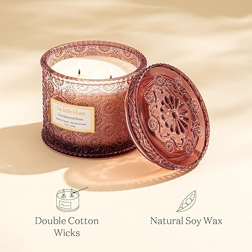 Miniatura 4 de LA JOLIE MUSE Vela perfumada, vela de rosa de sándalo, vela de soja grande de 2 mechas para aromaterapia, regalos de velas, largo tiempo de