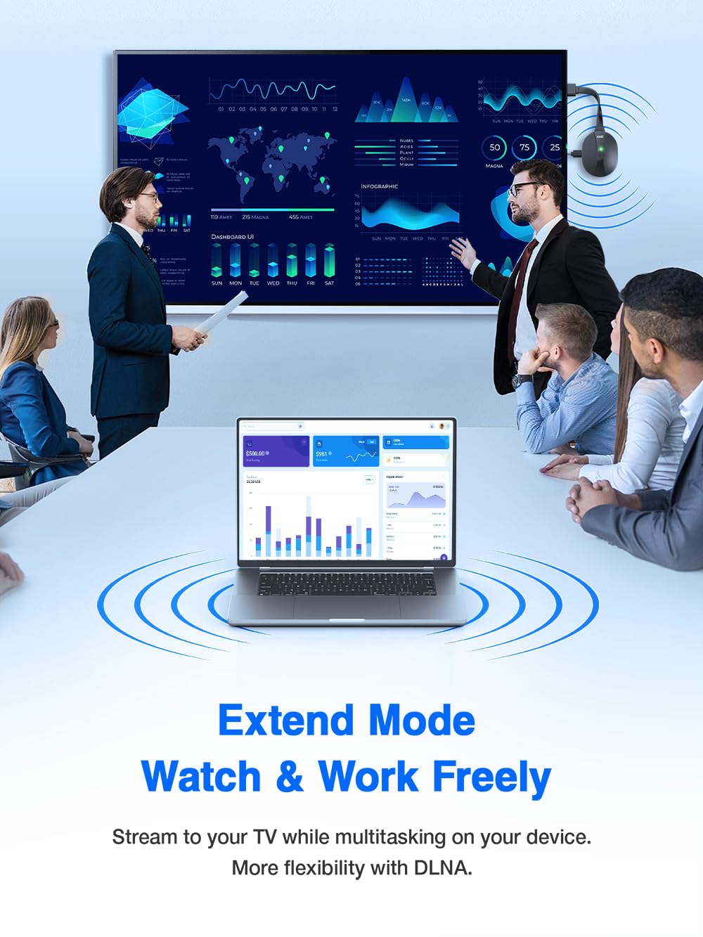 Laptop displaying content while mirroring to a TV in extended mode