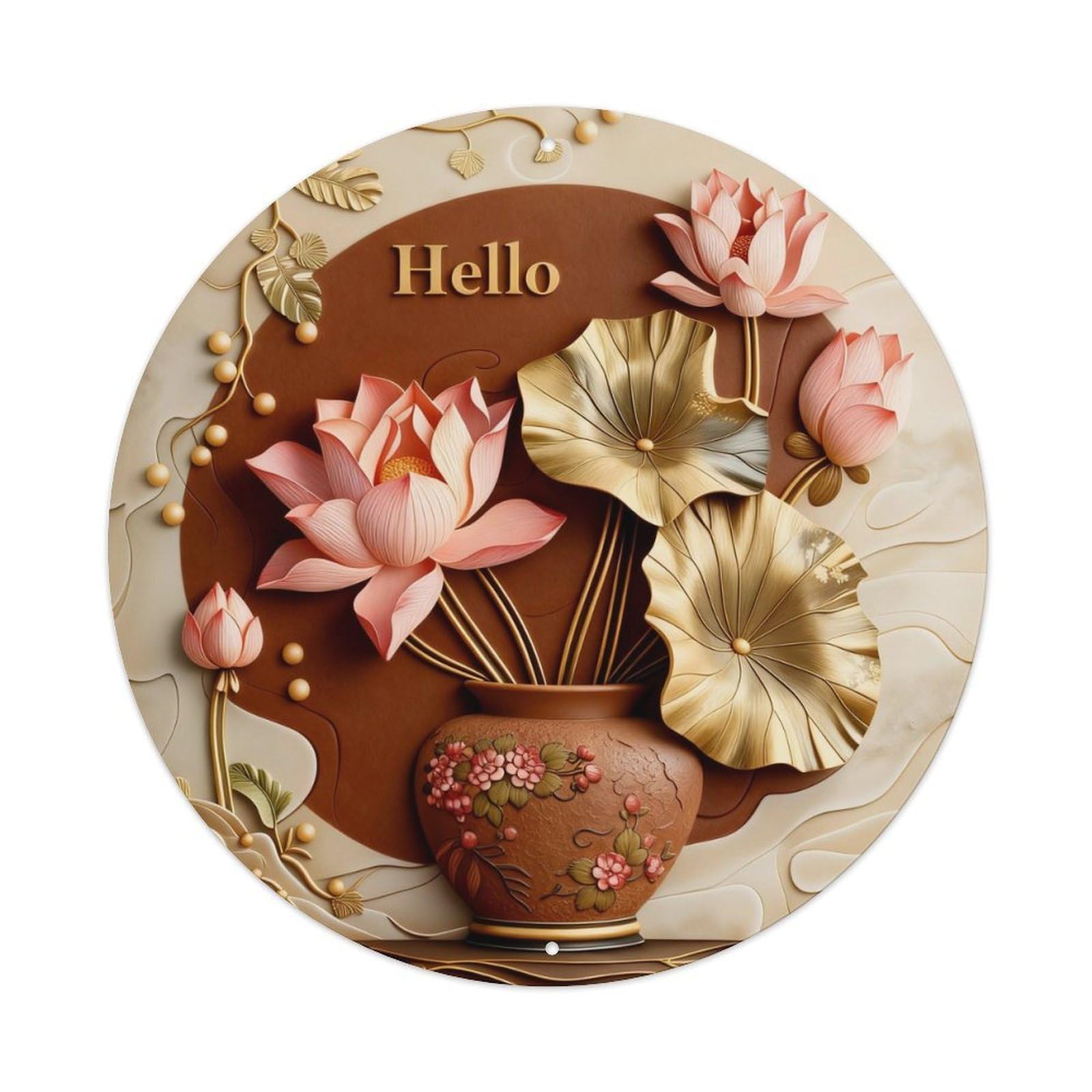 Lotus Flowers Vase Welcome Pattern Round Metal Tin Sign Vintage Wall Decor, Bar Garage Cafe Kitchen Home Wall Art Poster 8x8inches