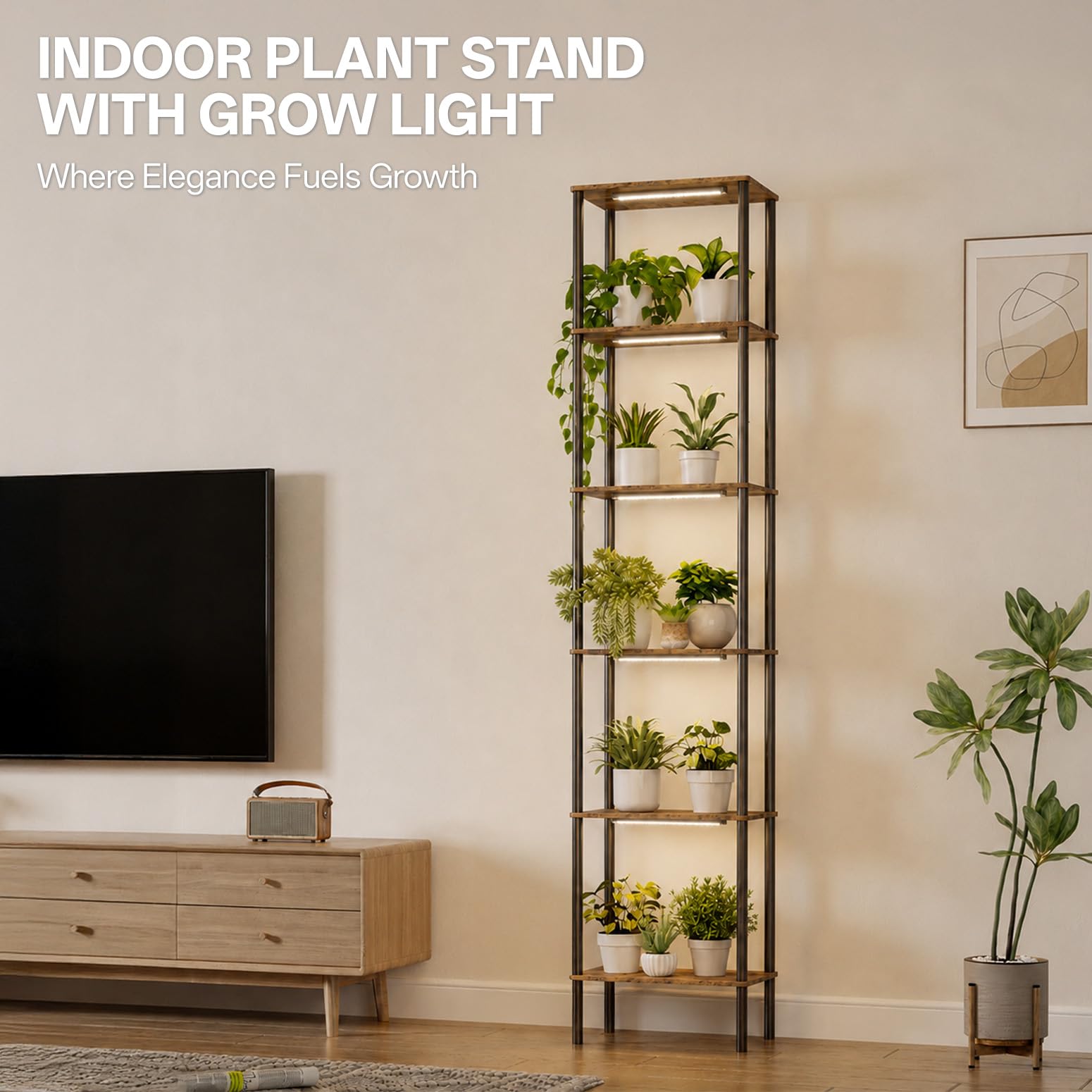 Bstrip Blumenständer mit Pflanzenlampe, 180cm 5 Ebenen Blumenständer Hoch | Holz & Metall, LED Pflanzenlampe Vollspektrum, Dekoratives Pflanzständer für indoor, Wohnzimmer, Innen Außen Blumenregal