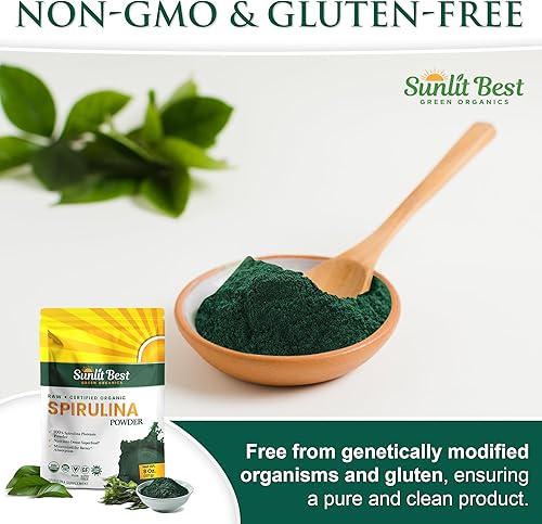 Miniatura 8 de Sunlit Best USDA - Polvo orgánico de espirulina - Algas azul-verde, fuente cruda y vegana de proteína y clorofila  Bebida energética de