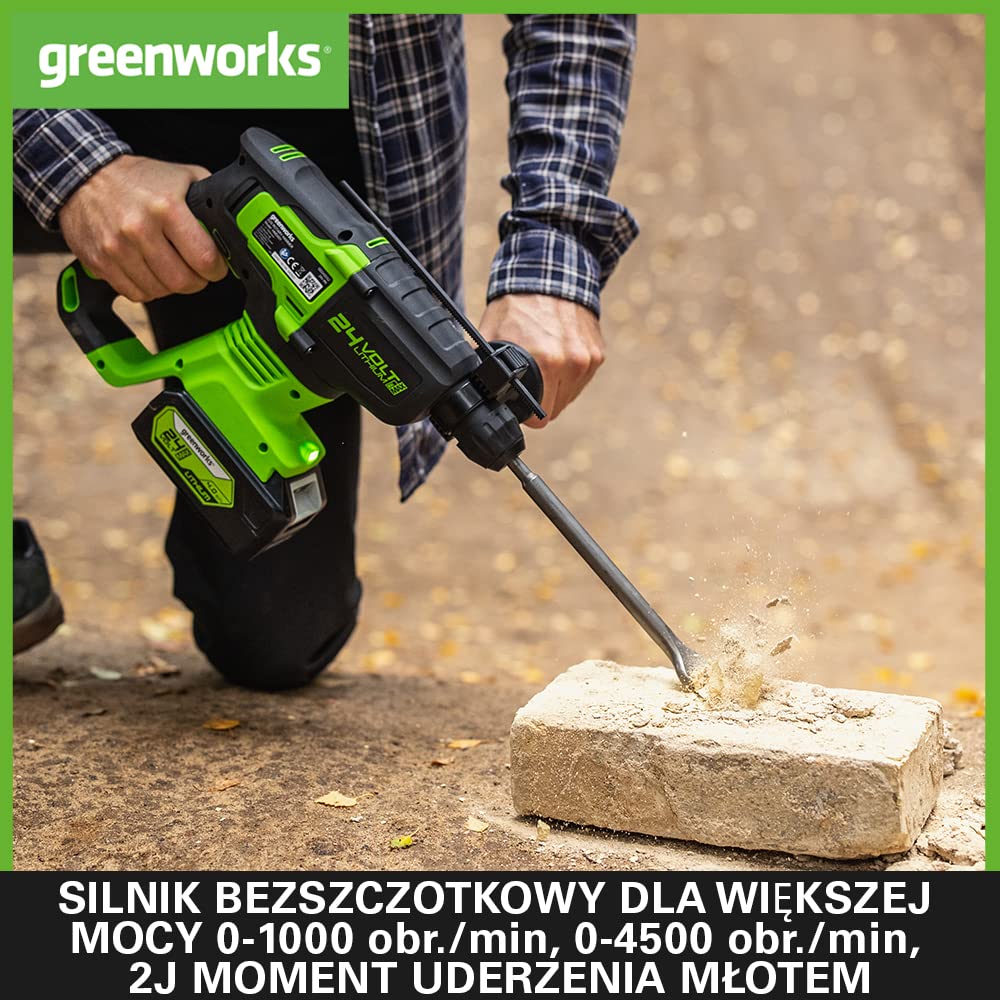 Greenworks GD24SDS2 Młotowiertarka Akumulatorowa SDS z Silnikiem Bezszczotkowym, 0-1000 obr./min, 0-4500 obr./min, Moment Obrotowy 2 Dżuli, BEZ Baterii i Ładowarki 24V