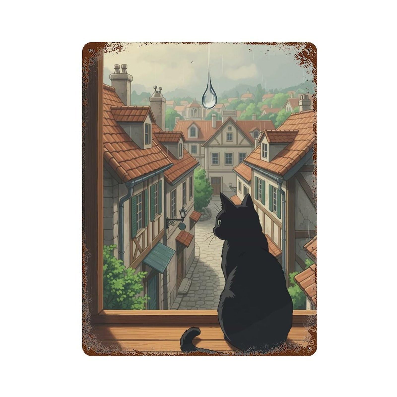 Distressed Metal Wall Sign Black Cat Gazing at Rainy Town 15.7"x11.8", Rustic Home Decor for Farmhouse, Kitchen And Entryway Decor