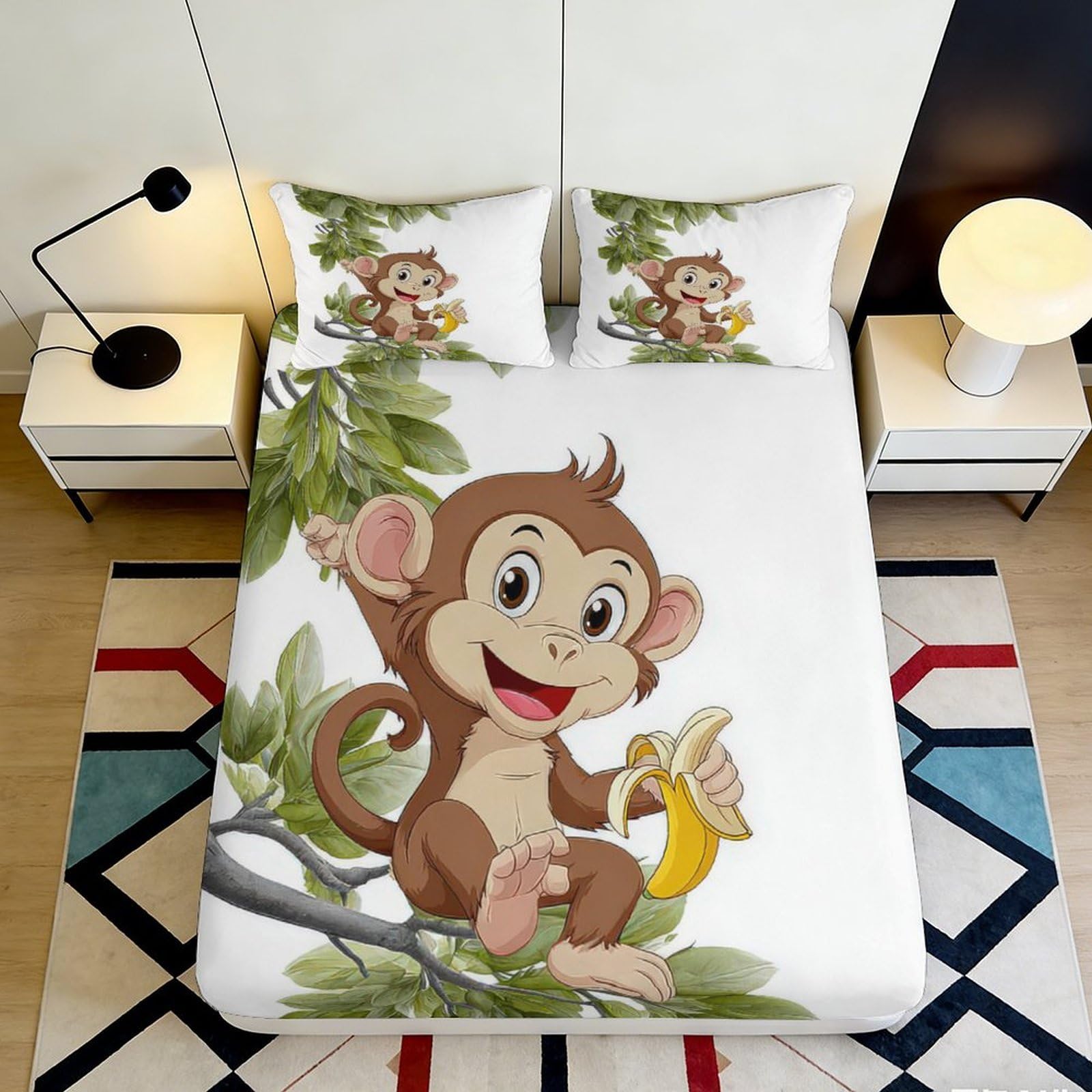 3D Printed Cartoon Monkey Fitted Sheet Microfiber Soft Non-Slip Jungle Banana Mattress Cover for Bedroom Dorm Easy Care 180x200x25cm